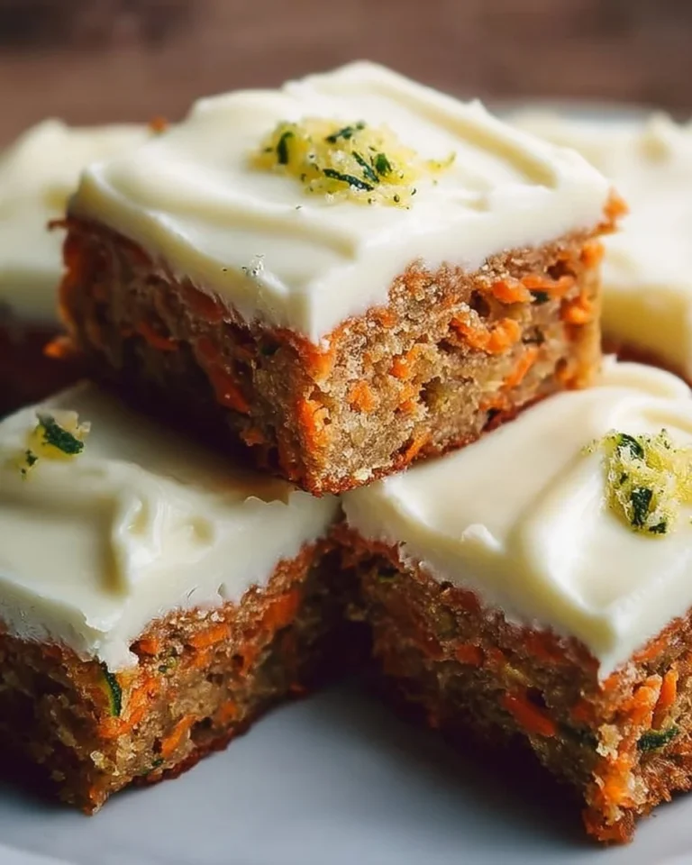 Delicious Carrot Zucchini Bars topped with creamy lemon frosting on a plate.