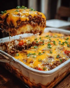 Hearty Cattle Drive Casserole topped with cheese and garnished with green onions