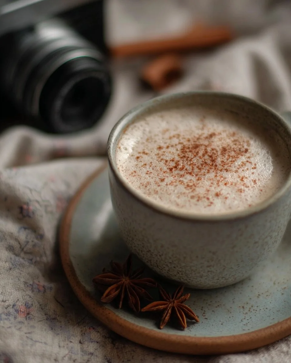A steaming cup of Chai Latte with spices and frothy milk