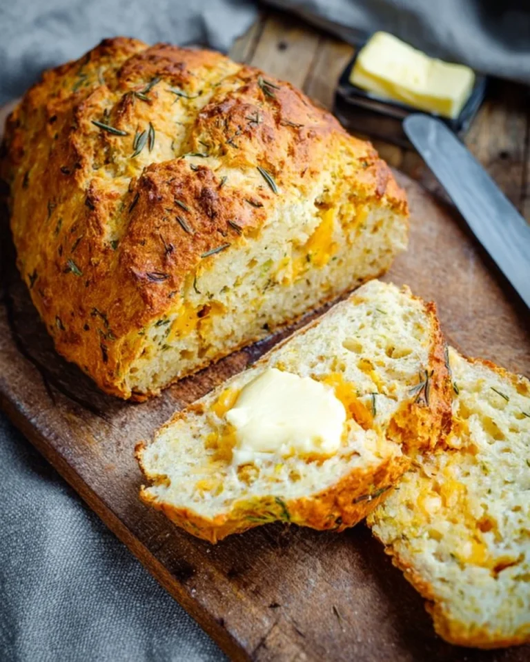 Loaf of Cheddar and Rosemary Irish Soda Bread on a wooden cutting board