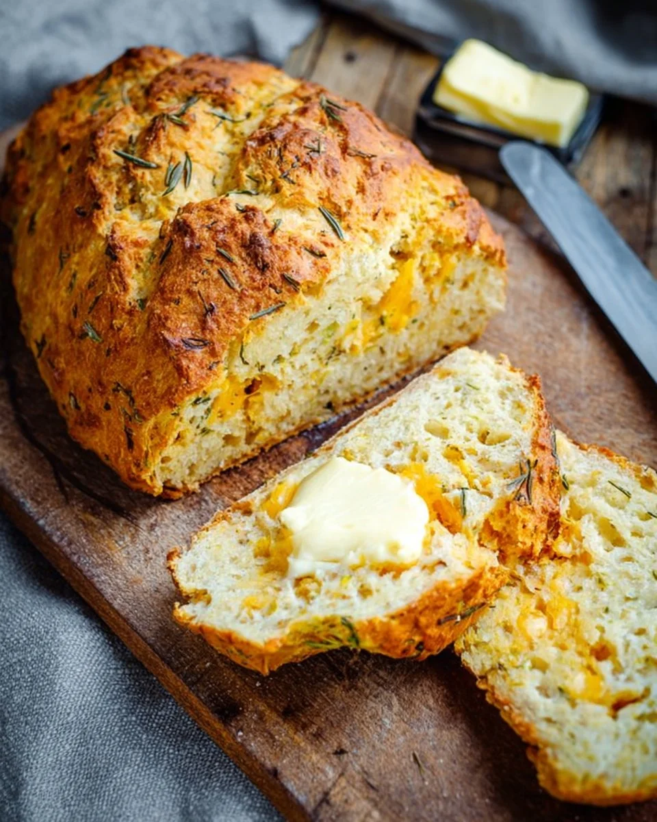 Loaf of Cheddar and Rosemary Irish Soda Bread on a wooden cutting board