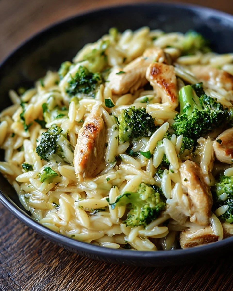 Cheesy Chicken Broccoli Orzo in a bowl, topped with melted cheese and fresh broccoli.