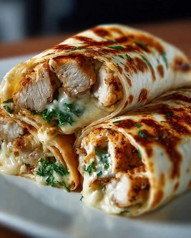 Cheesy garlic chicken wraps with fresh ingredients and melted cheese