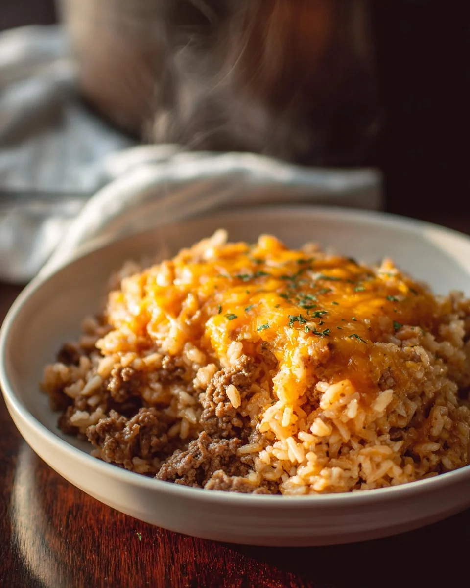 Cheesy Ground Beef and Rice Casserole topped with melted cheese and herbs.