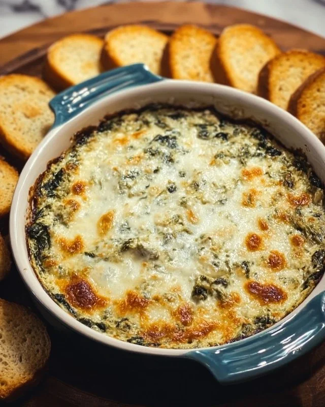 Cheesy hot spinach and artichoke dip served in a bowl