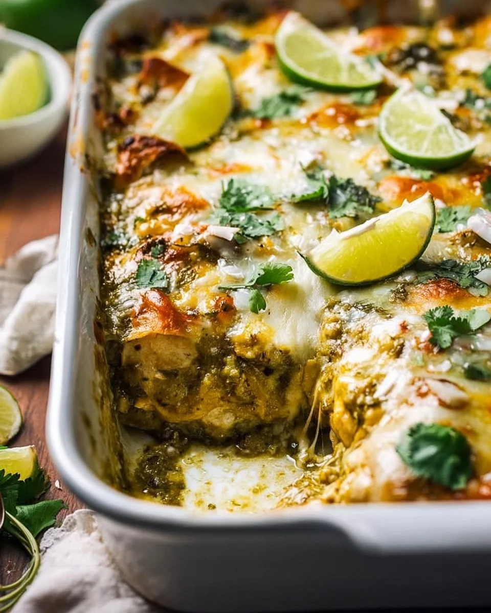 Cheesy salsa verde chicken casserole topped with melted cheese and fresh herbs