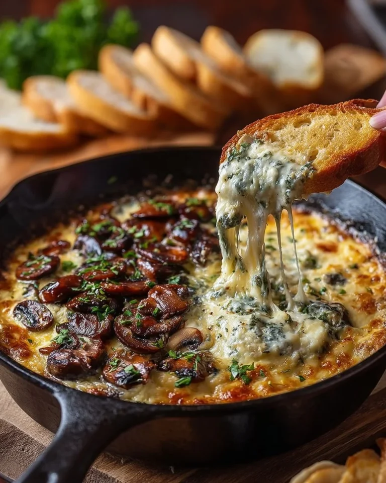 Delicious cheesy stuffed mushroom dip served with crackers.