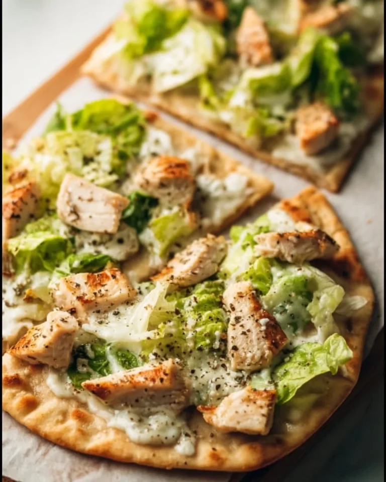Delicious Chicken Caesar Flatbread topped with fresh ingredients and Caesar dressing