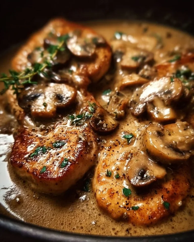 Plate of Chicken Marsala with mushrooms and herbs
