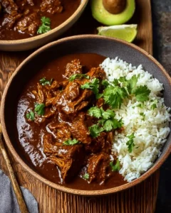 Plate of Chicken Mole topped with sesame seeds and served with rice