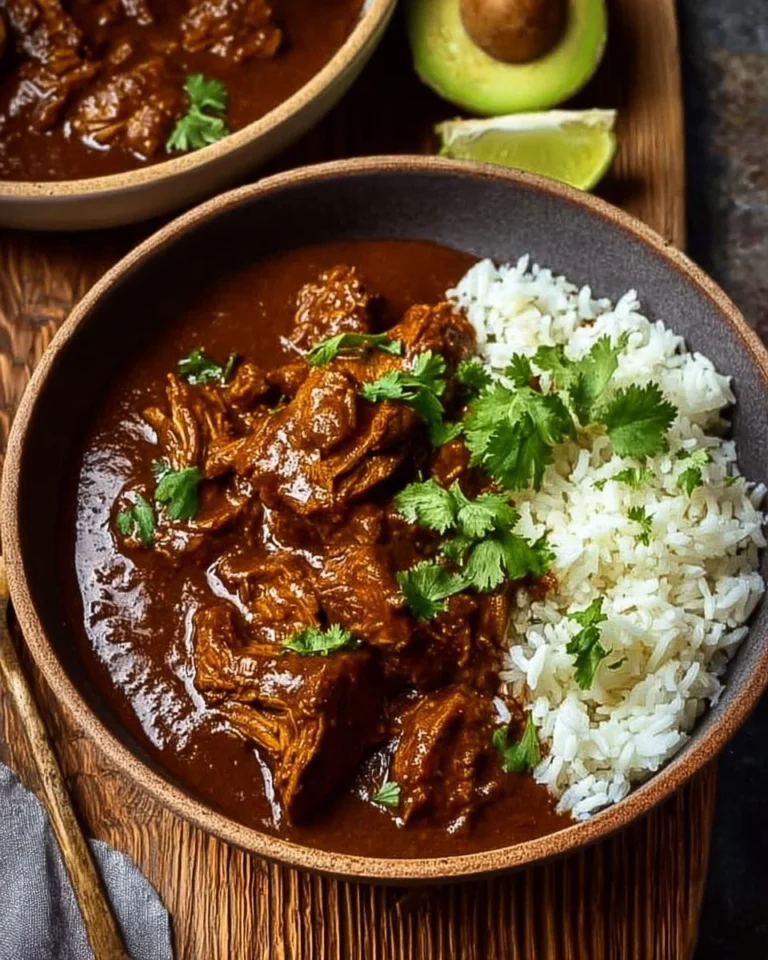 Plate of Chicken Mole topped with sesame seeds and served with rice