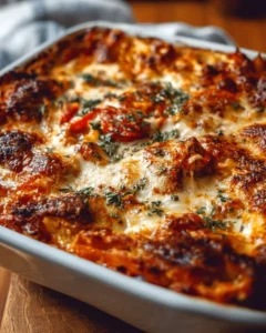 Delicious Chicken Parmesan Casserole with layers of chicken, cheese, and marinara sauce.