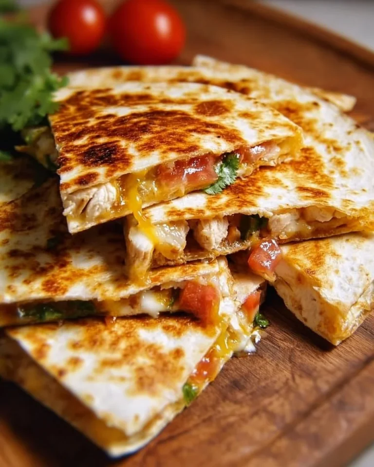 Delicious chicken quesadilla with cheese and vegetables, served on a plate.