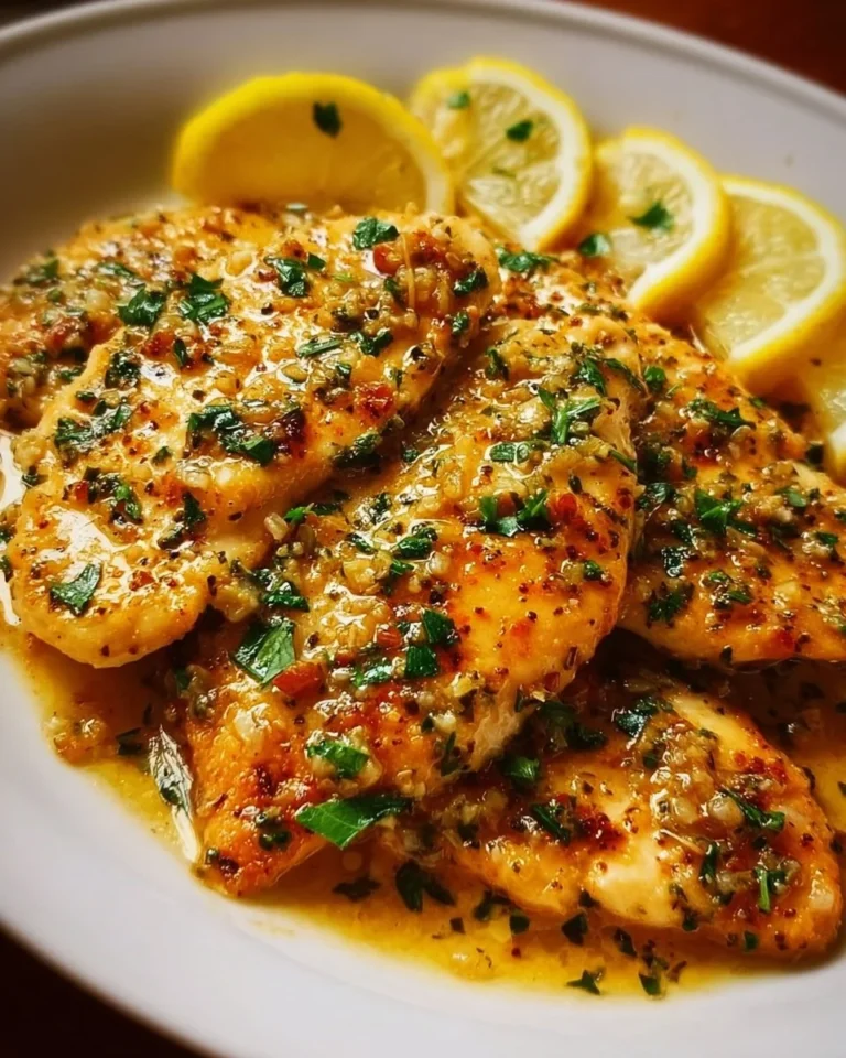 Plate of chicken scallopini garnished with lemon and herbs