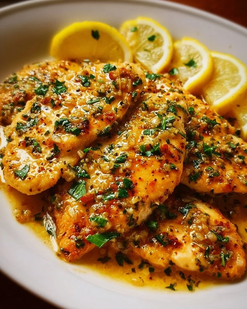 Plate of chicken scallopini garnished with lemon and herbs