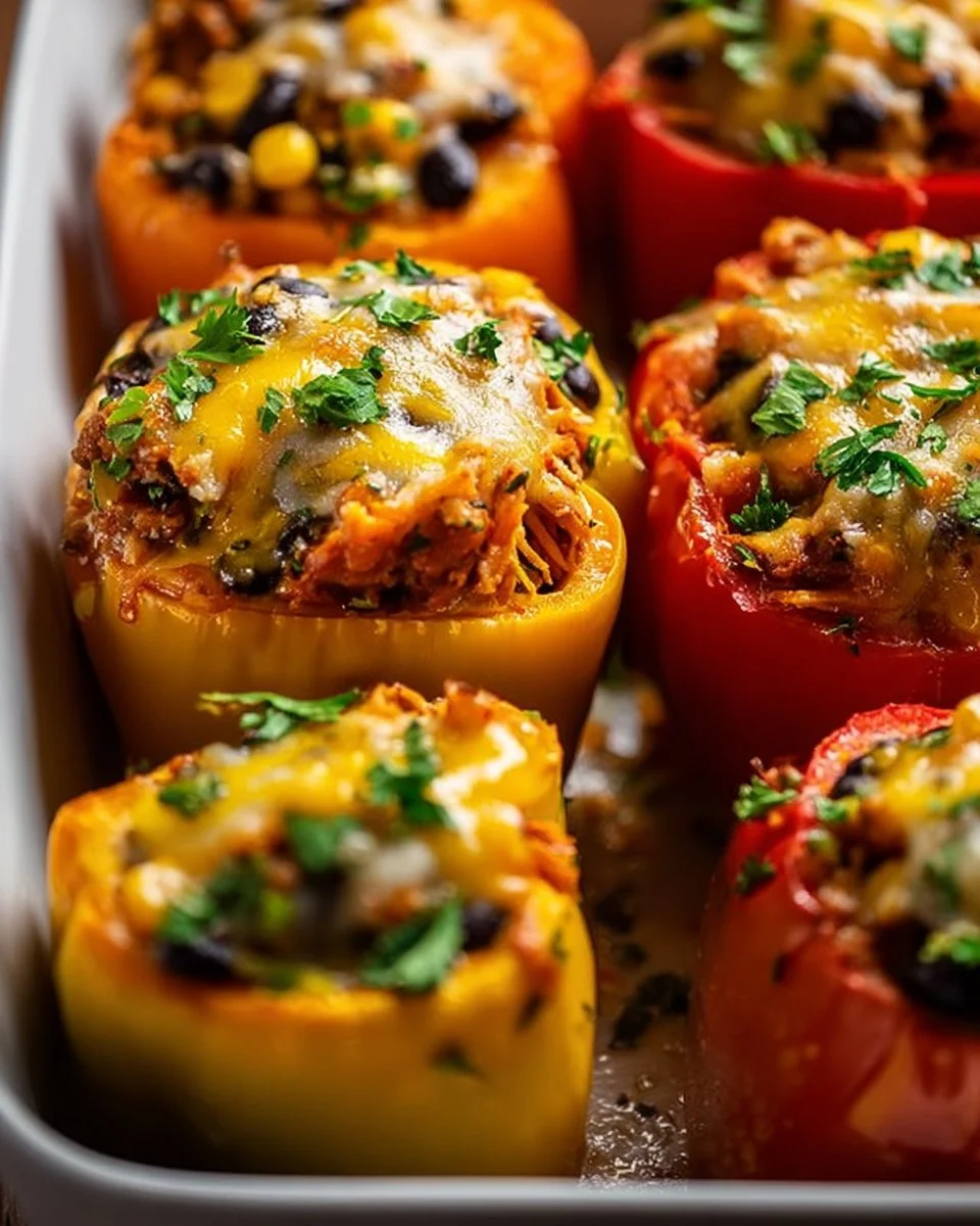 Delicious Chicken Stuffed Peppers filled with chicken and veggies on a plate
