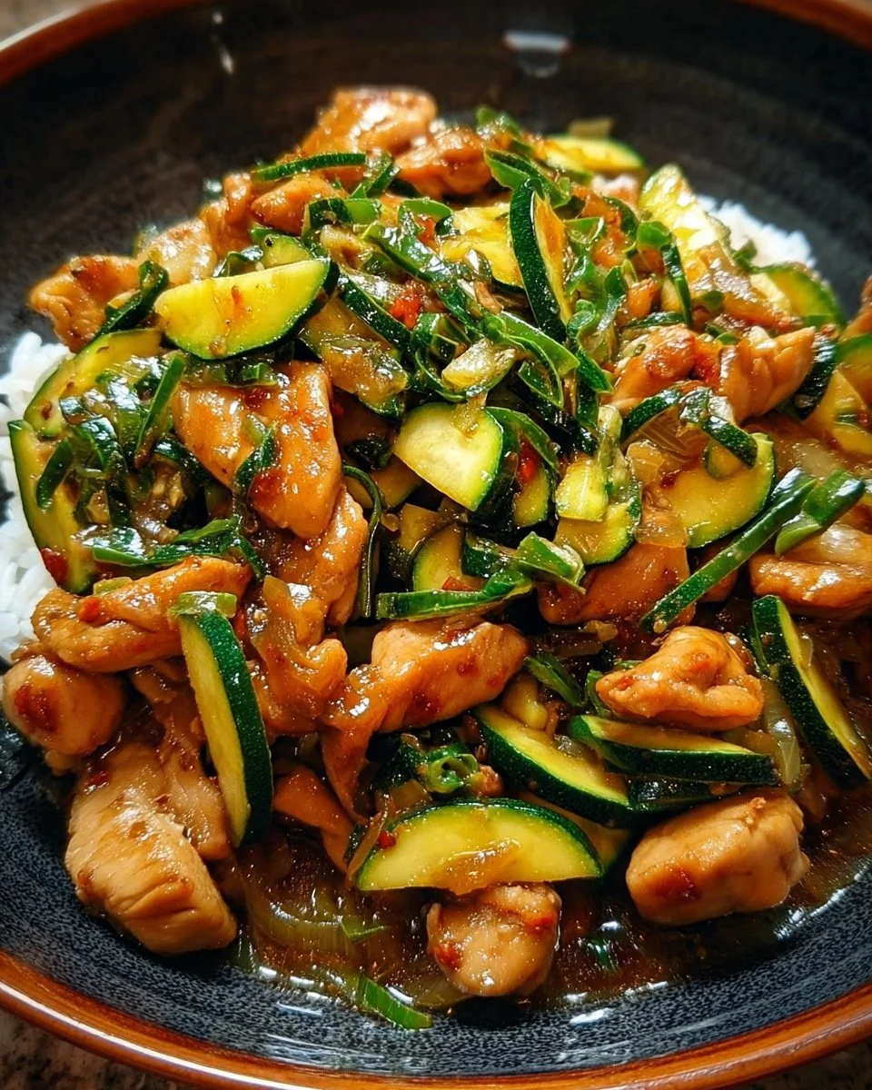 Delicious Chicken Zucchini Stir Fry served in a bowl with colorful vegetables