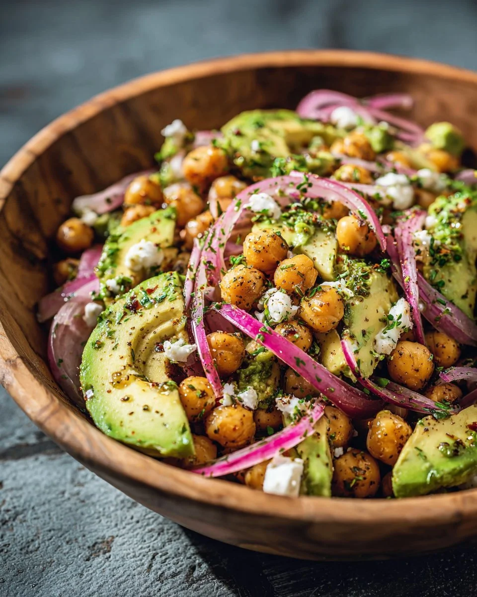 Chickpea Feta Avocado Salad with vibrant ingredients in a bowl