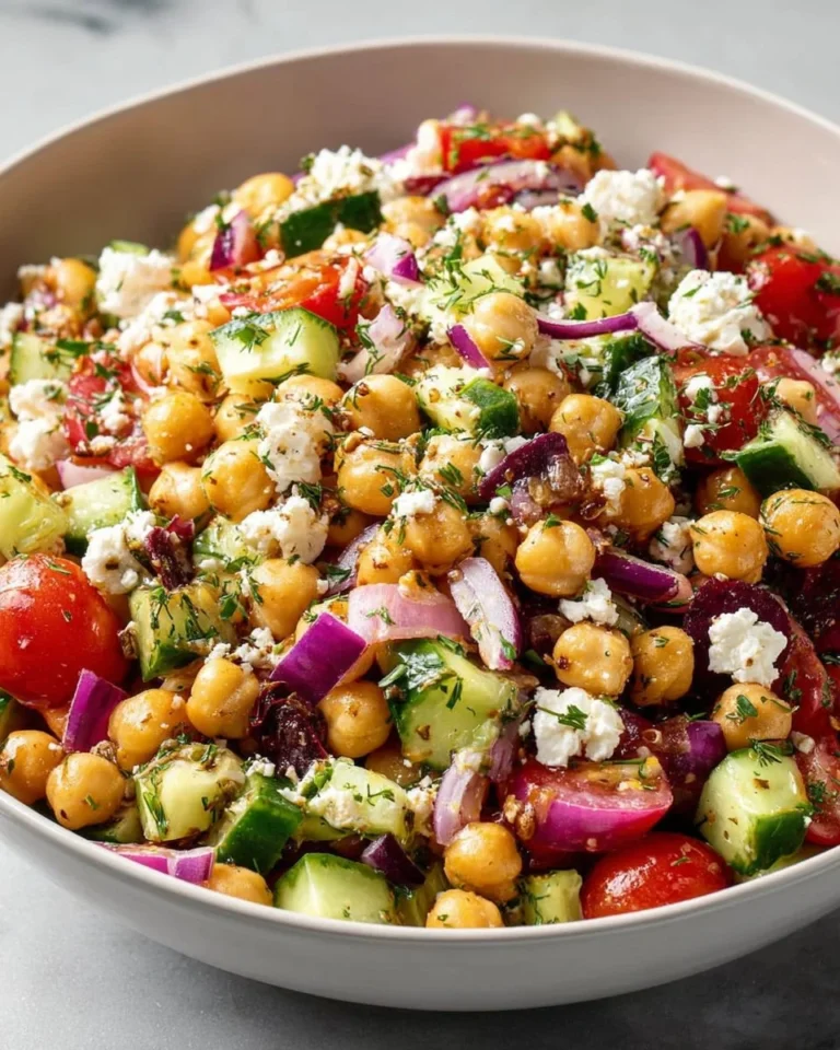 Colorful chickpea feta salad with fresh vegetables and herbs