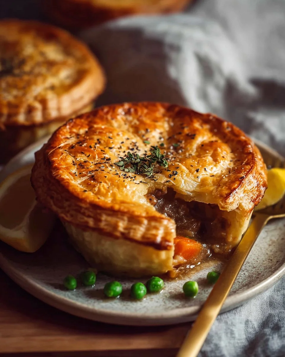 Classic Irish Stew Pie with flaky crust and hearty filling of meat and vegetables