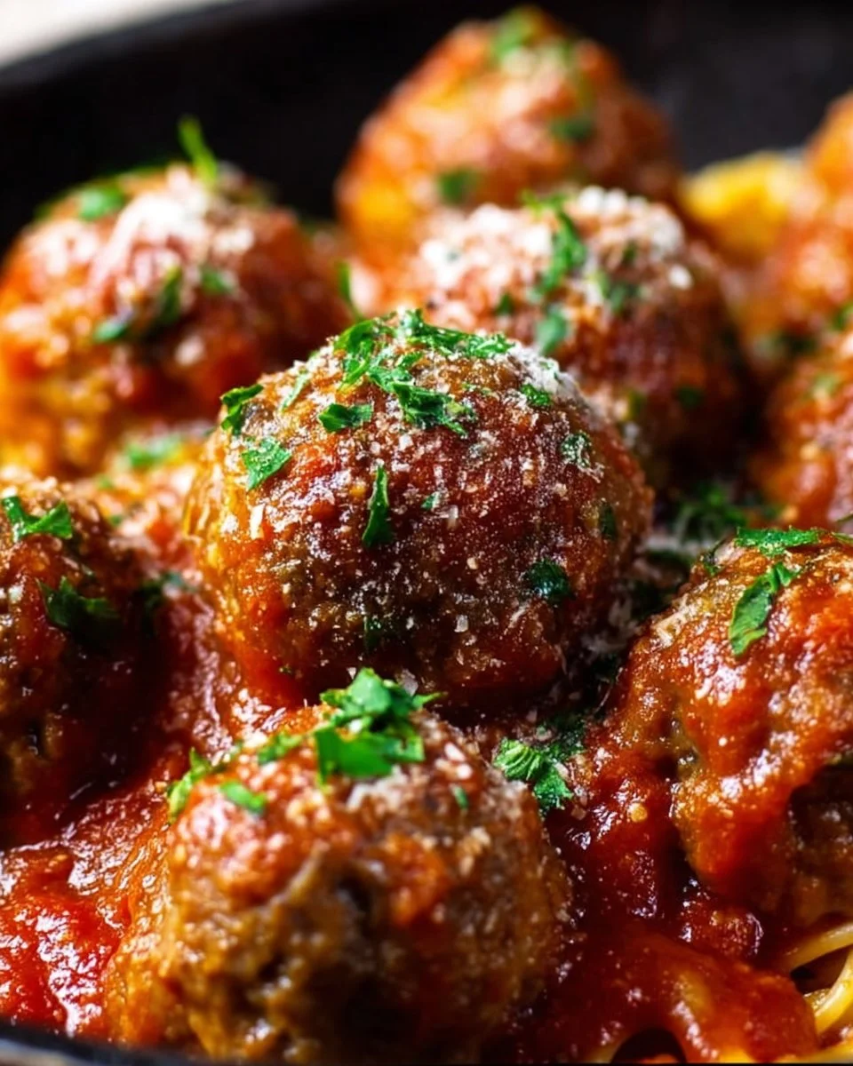Plate of classic Italian meatballs served with marinara sauce and spaghetti.
