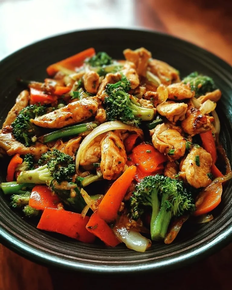 Clean eating chicken veggie stir fry with colorful vegetables and chicken strips.