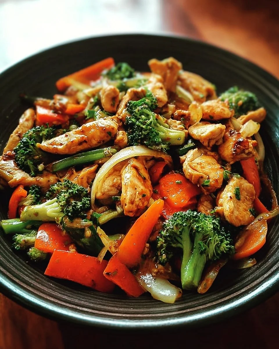 Clean eating chicken veggie stir fry with colorful vegetables and chicken strips.