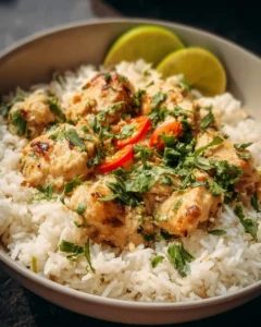 Plate of coconut chicken served with rice, garnished with fresh herbs.
