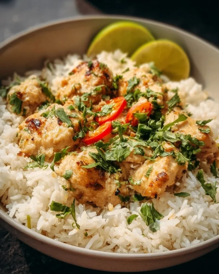 Plate of coconut chicken served with rice, garnished with fresh herbs.
