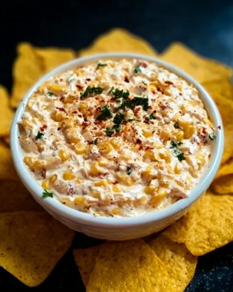 Delicious corn dip served in a bowl with tortilla chips on the side.