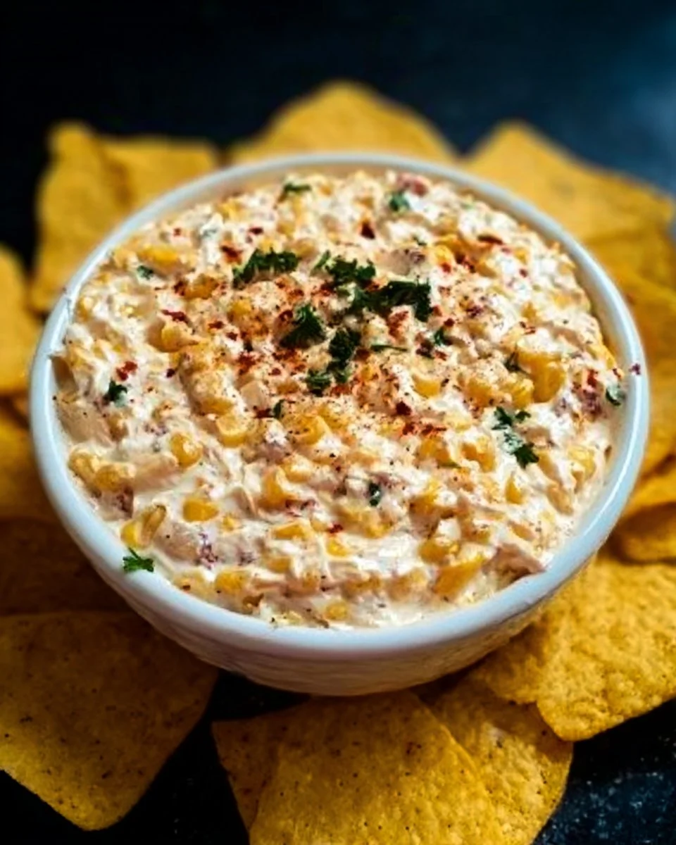 Delicious corn dip served in a bowl with tortilla chips on the side.