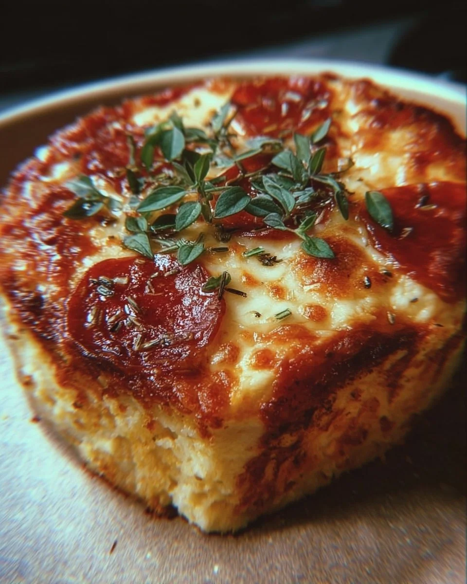 Cottage cheese pizza bowl topped with fresh vegetables and herbs.