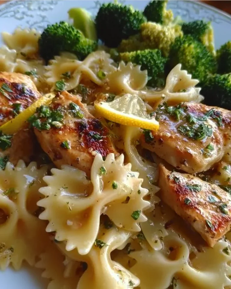 Bowtie chicken dish with broccoli and cowboy butter sauce