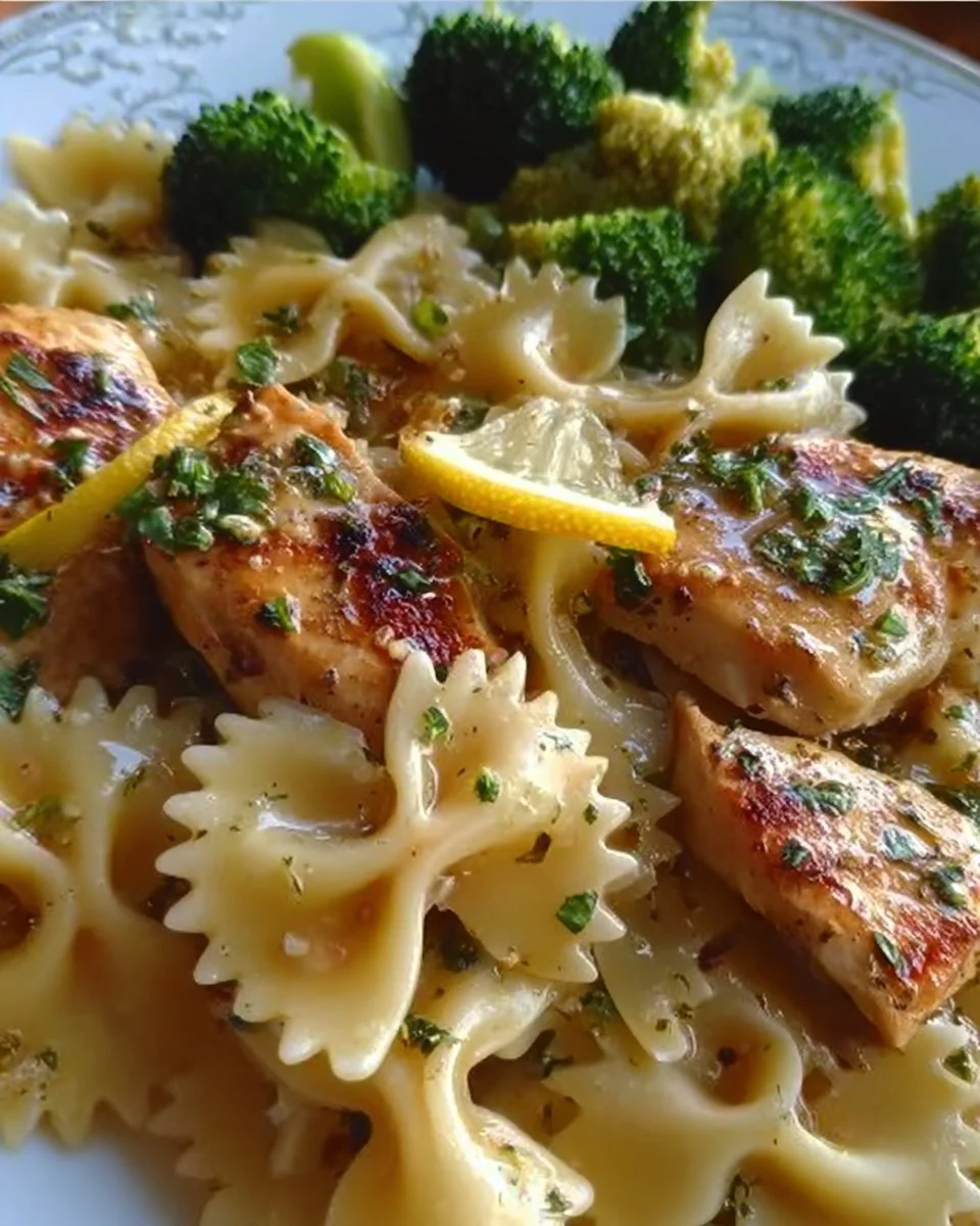 Bowtie chicken dish with broccoli and cowboy butter sauce