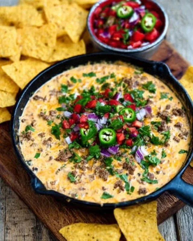 Delicious Cowboy Queso served with tortilla chips in a bowl.