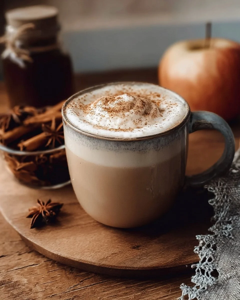 A warm apple cider chai tea latte topped with cinnamon and whipped cream