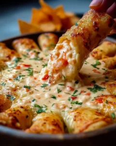 Delicious Crab Shrimp Queso served with tortilla chips at a party.