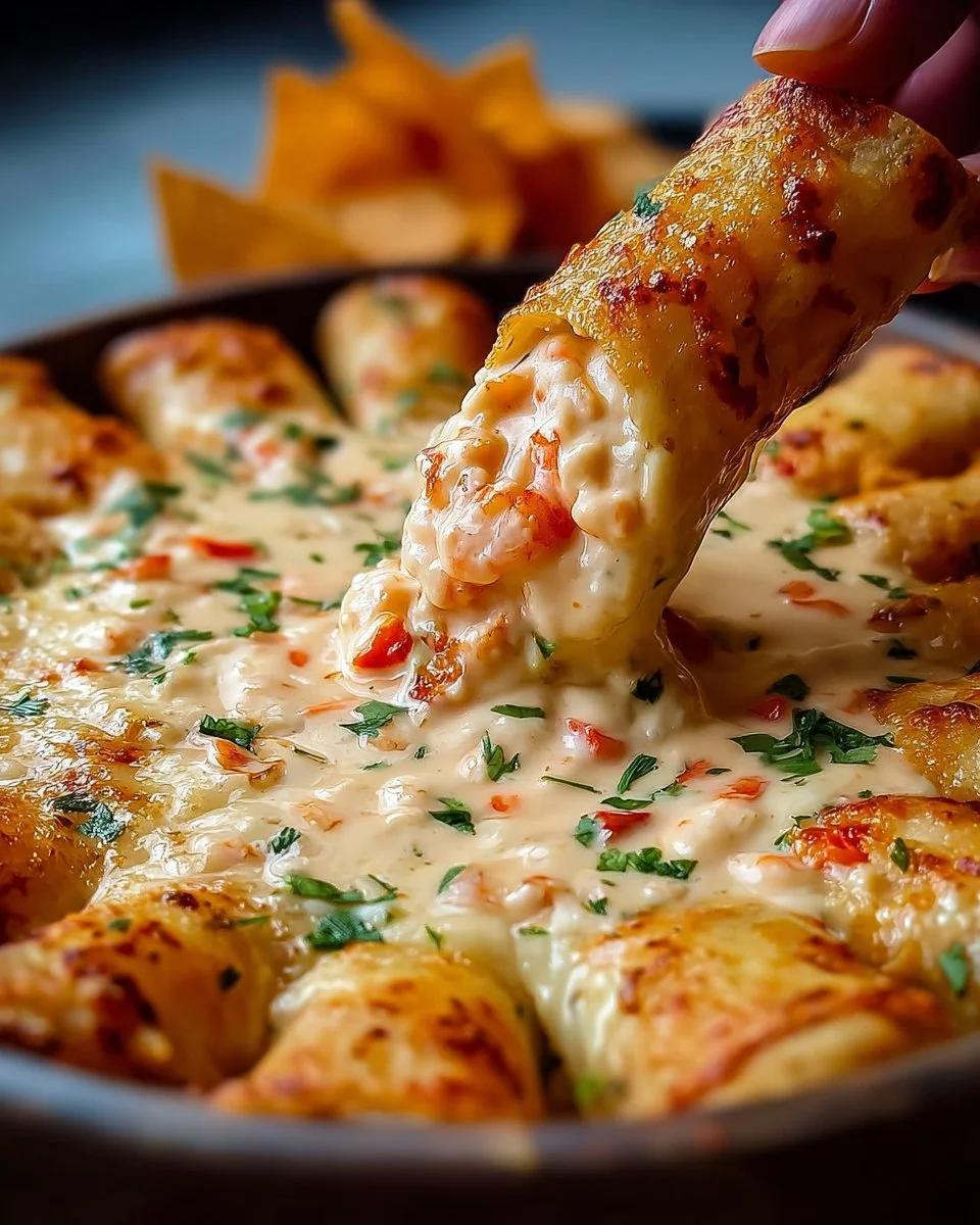 Delicious Crab Shrimp Queso served with tortilla chips at a party.