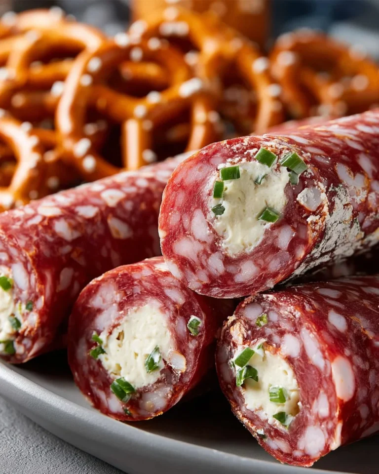 Cream cheese salami roll ups displayed on a platter, perfect for appetizers.