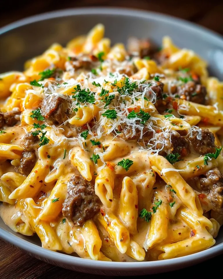 Bowl of creamy beef pasta topped with parsley and shredded cheese