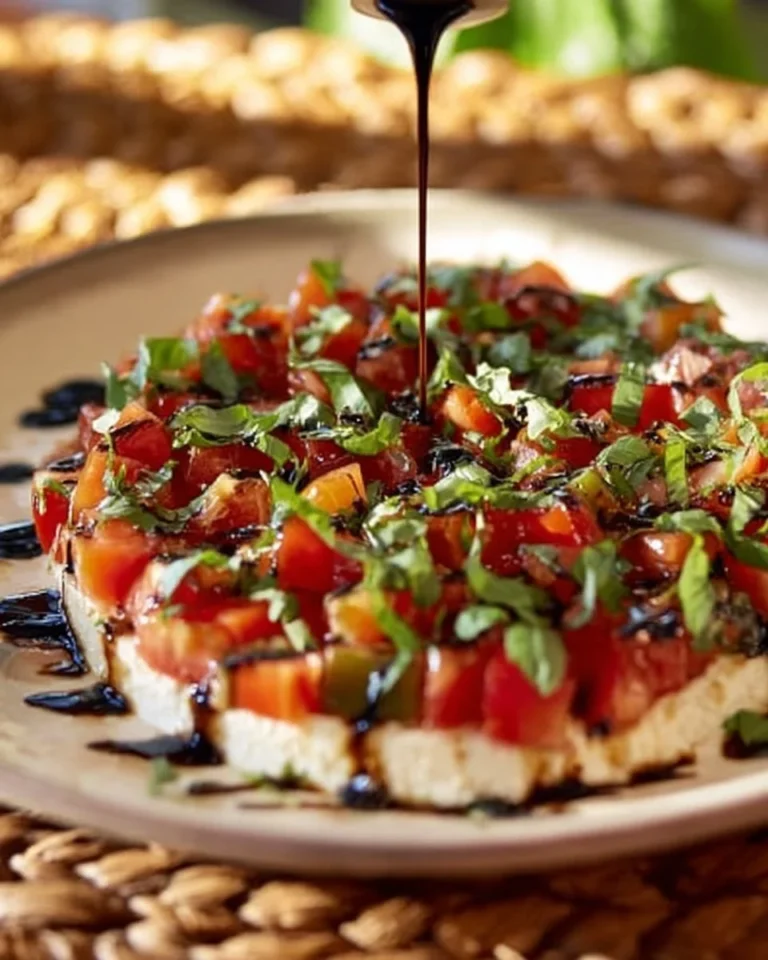 Creamy bruschetta dip served with toasted bread slices
