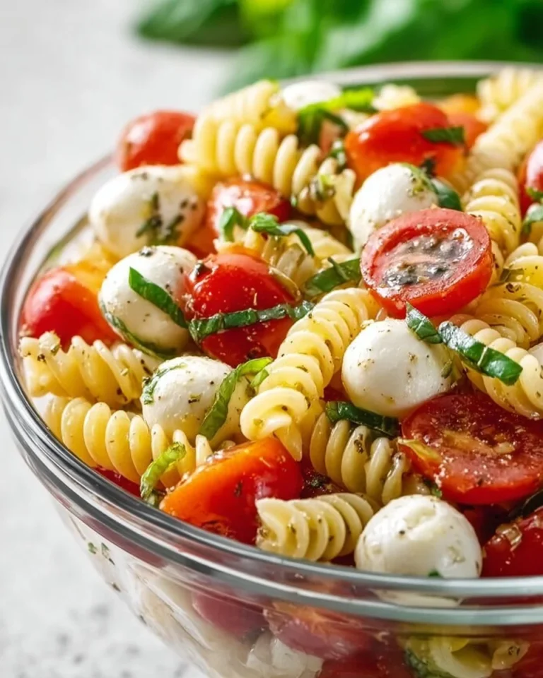 Creamy Caprese Pasta Salad with fresh tomatoes, mozzarella, and basil