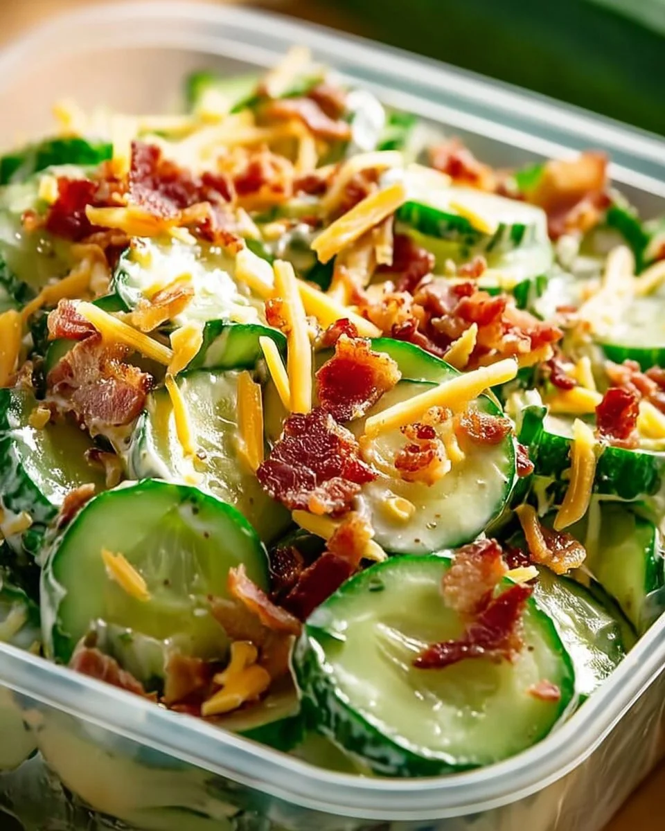 Creamy cucumber salad with bacon and cheese served in a bowl