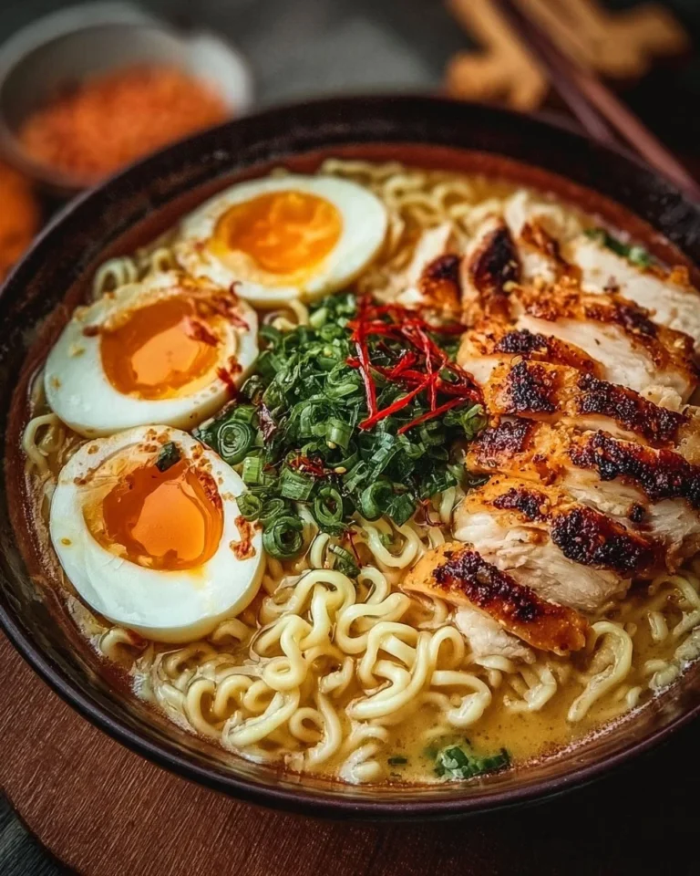 Bowl of creamy garlic chicken ramen garnished with green onions and sesame seeds.
