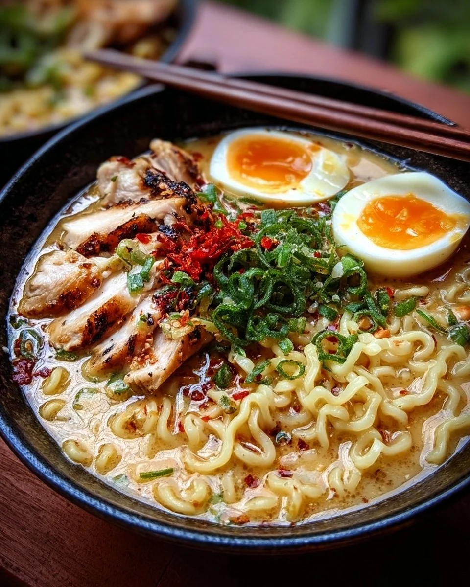 Bowl of creamy garlic chicken ramen topped with fresh herbs and vegetables