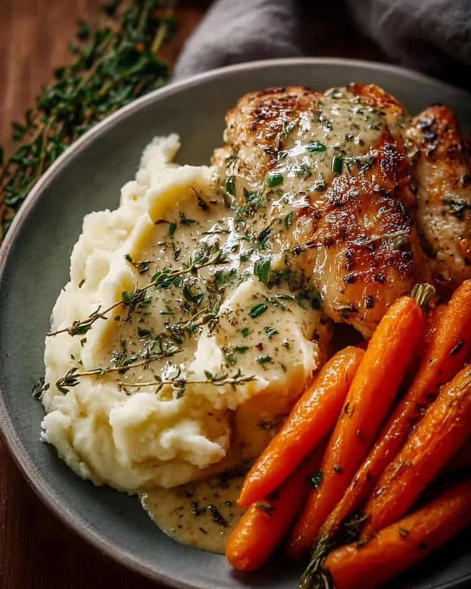 Creamy herb chicken dish with mashed potatoes and honey glazed carrots on a plate.