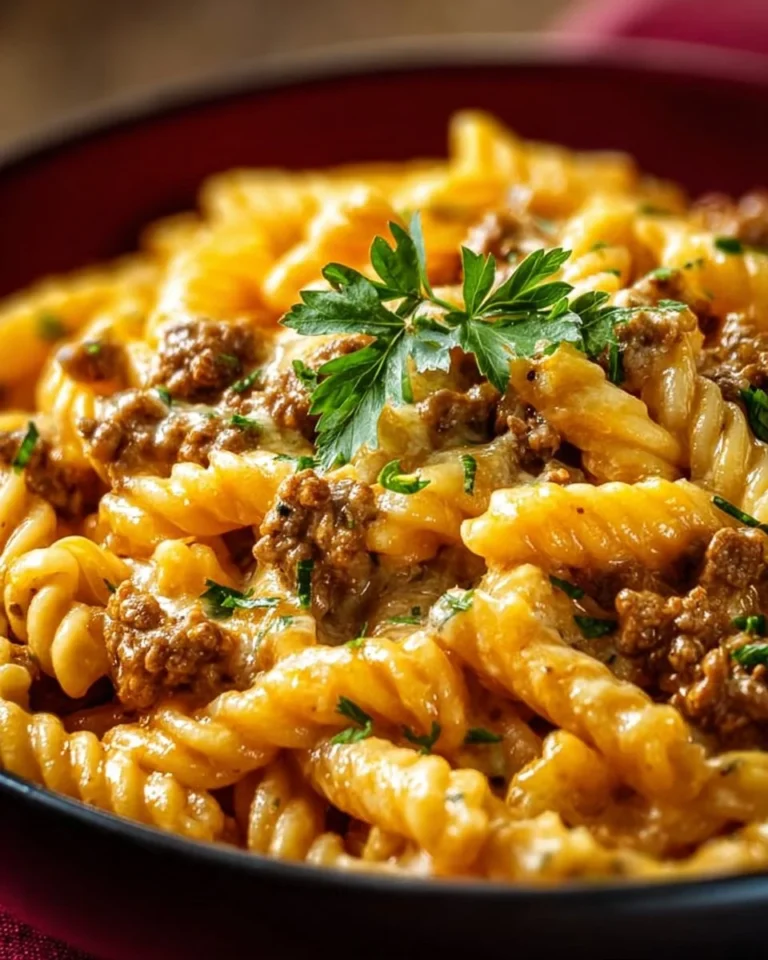Creamy high protein beef pasta garnished with herbs