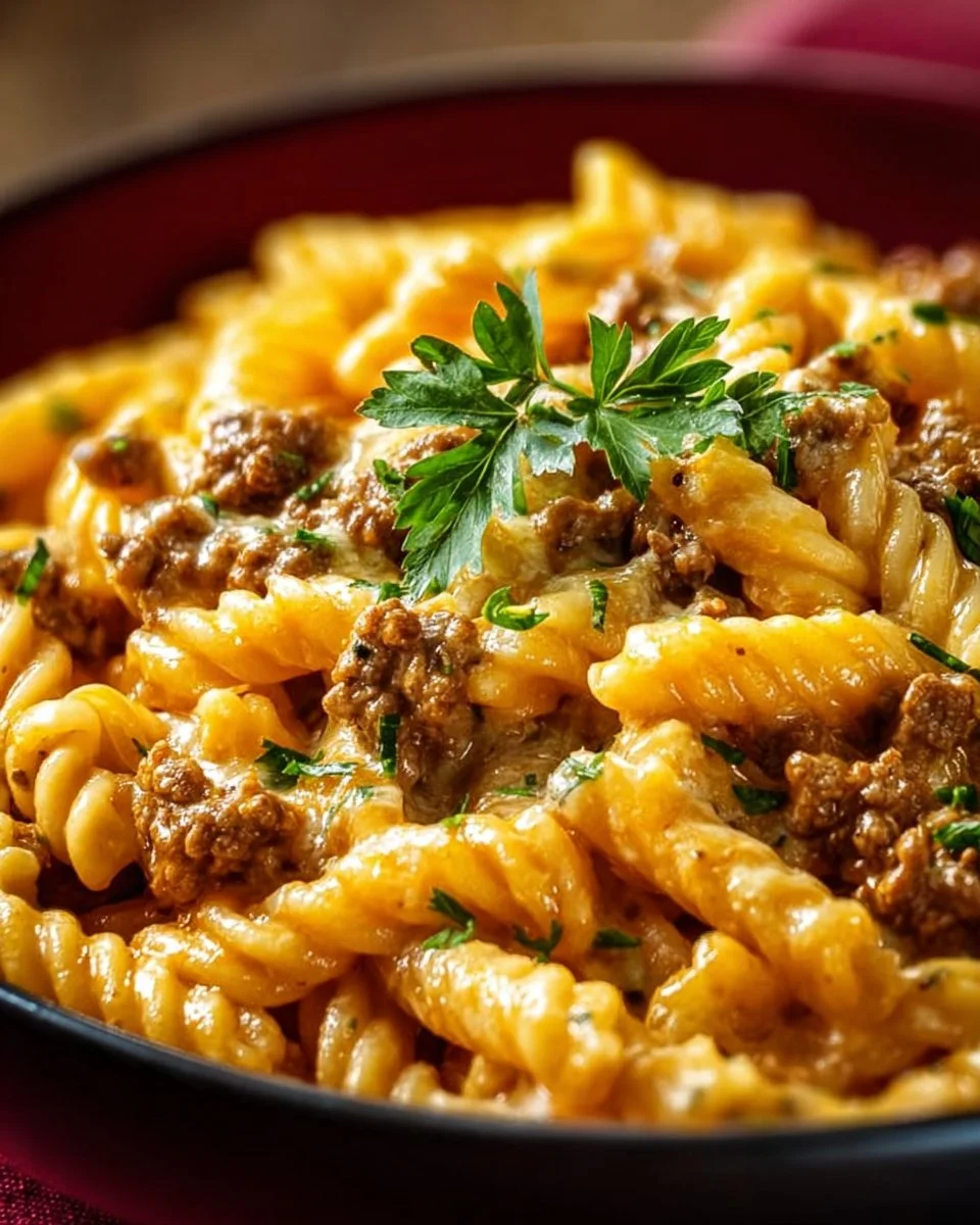 Creamy high protein beef pasta garnished with herbs