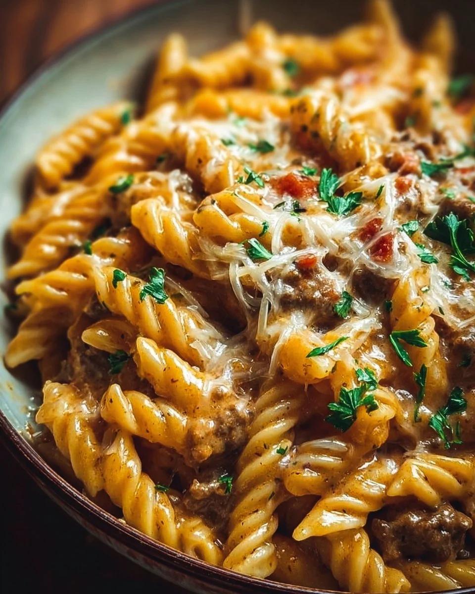 Creamy high protein beef pasta in a bowl, garnished with herbs and cheese.