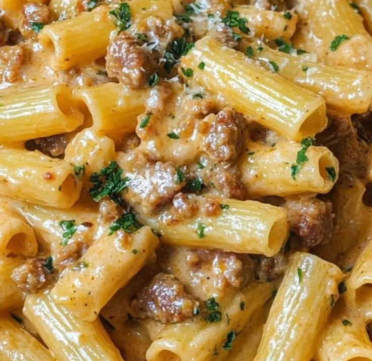 Creamy Italian Sausage Rigatoni served in a bowl with herbs and cheese